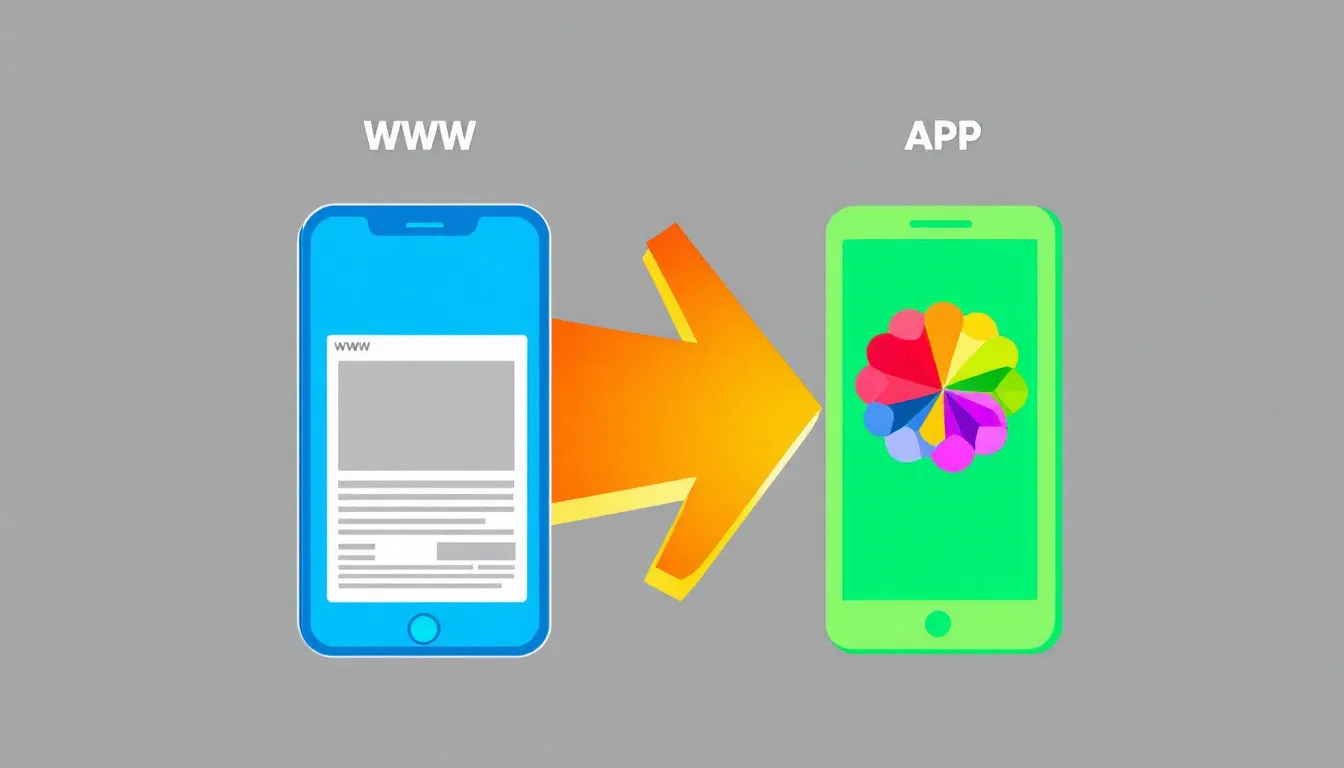 App vs Website An illustration showing user experience differences between mobile apps and websites.
